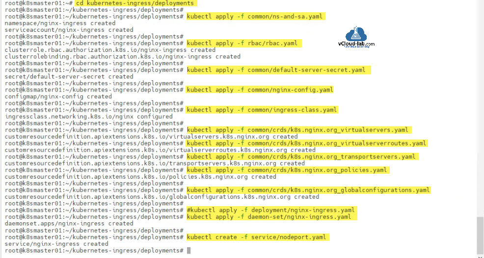 kubernetes cluster kubernetes-ingress kubctl apply nginx-ingress namespace serviceaccount clusterrolebinding rbac k8s.io configmap ingressclass ingress controller customresourcedefinition daemonset service.jpg