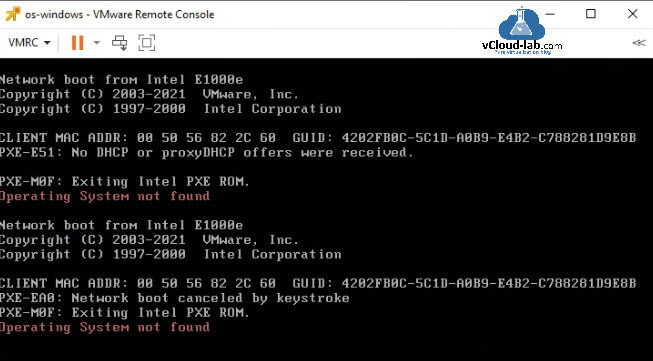 Microsoft VMware vSphere vCenter ESXi vcsa vmware remote console lincense operating system not found network boot canceled terraform vm clone pxe rom.jpg