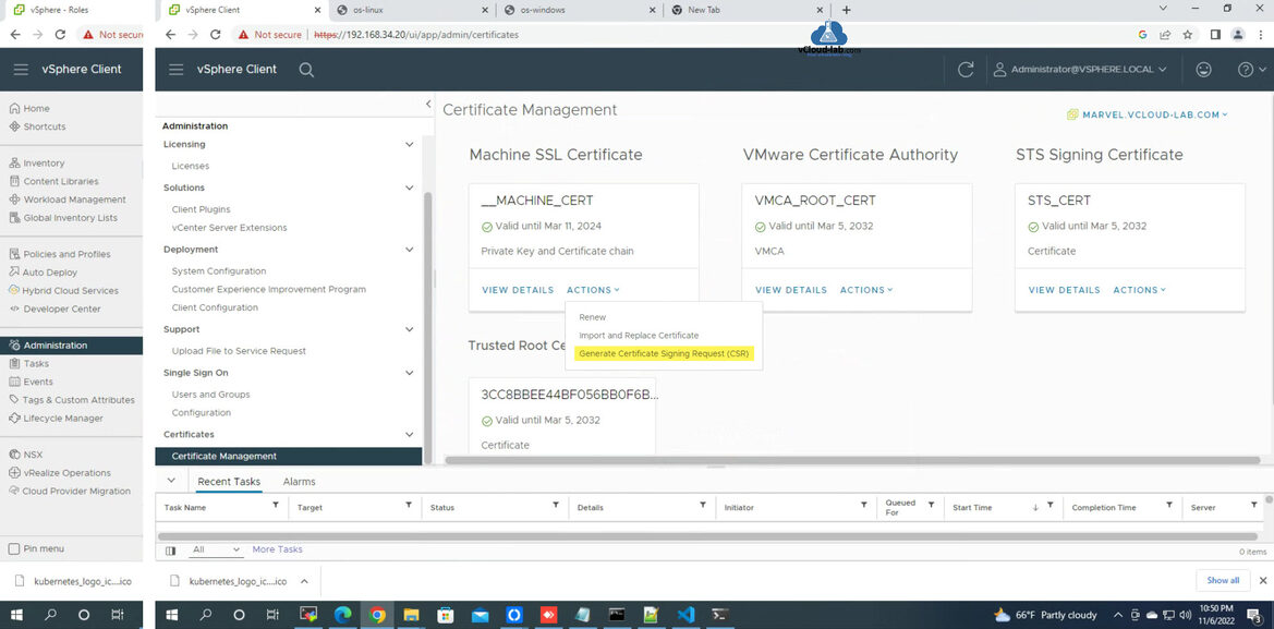 Microsoft certificate services ms adcs vmware vsphere vcenter esxi vsphere client administration certificate management machine ssl certificate vmware certificate authority vmca sts trusted root private key.jpg
