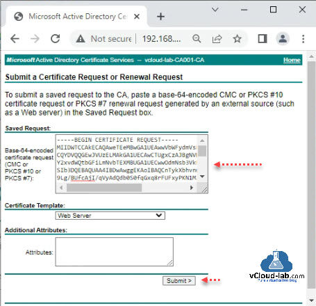 Microsoft Active Directory Certificate Services submit certificate request or renewal request cmc pkcs base-64 der template vmware vsphere vCenter esxi vmca machine ssl certificate attribute thumbprint.jpg