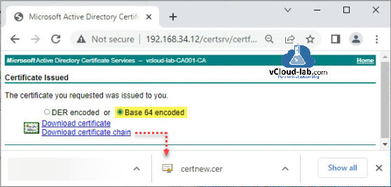 Microsoft certificate issued MS active directory certificate services adcs der encoded base 64 encoded download certificate chain ssl openssl cer pem crt certsrv vmware vsphere vcenter esxi vcsa mangement.jpg