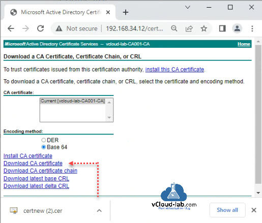 Microsoft Active Directory Certificate services der base 64 ssl install ca certificate download ca certification chain latest base crl csr vmware vsphere vcenter esxi management certificate.jpg