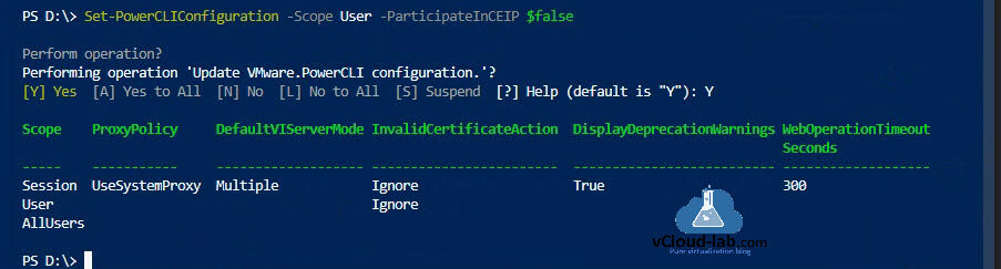 VMware vsphere vcenter esxi Vmware.Powercli powershell module partificateinceip set-powerCLiconfiguration usersystem proxy policy invalid certicicateaction deprecation web operation timeout.jpg