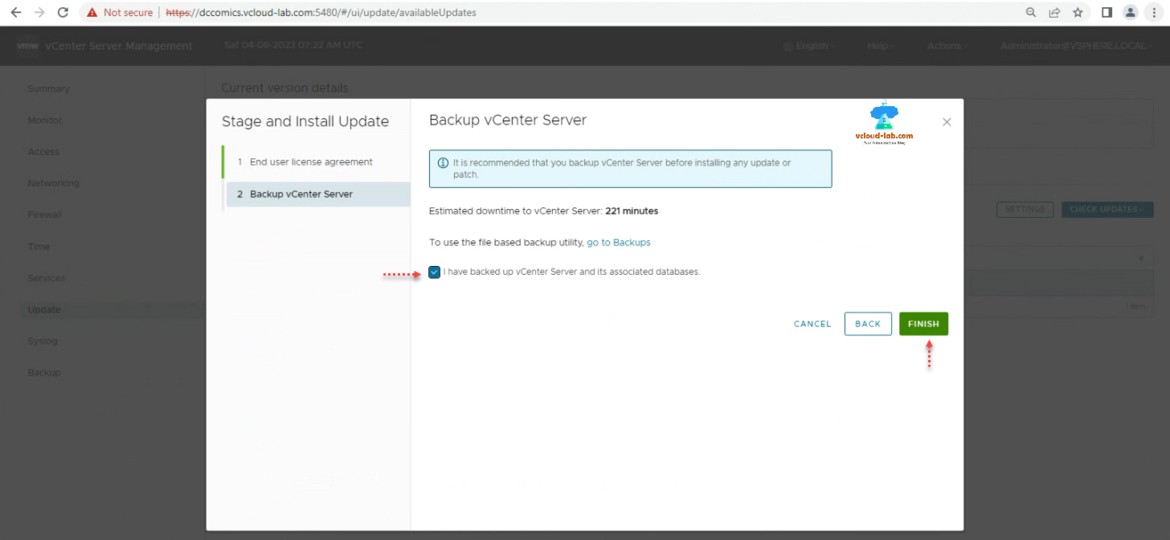 Microsoft vmwere vsphere vCenter esxi stage and install update backup vCenter server appliance vcsa restore database upgrade.png
