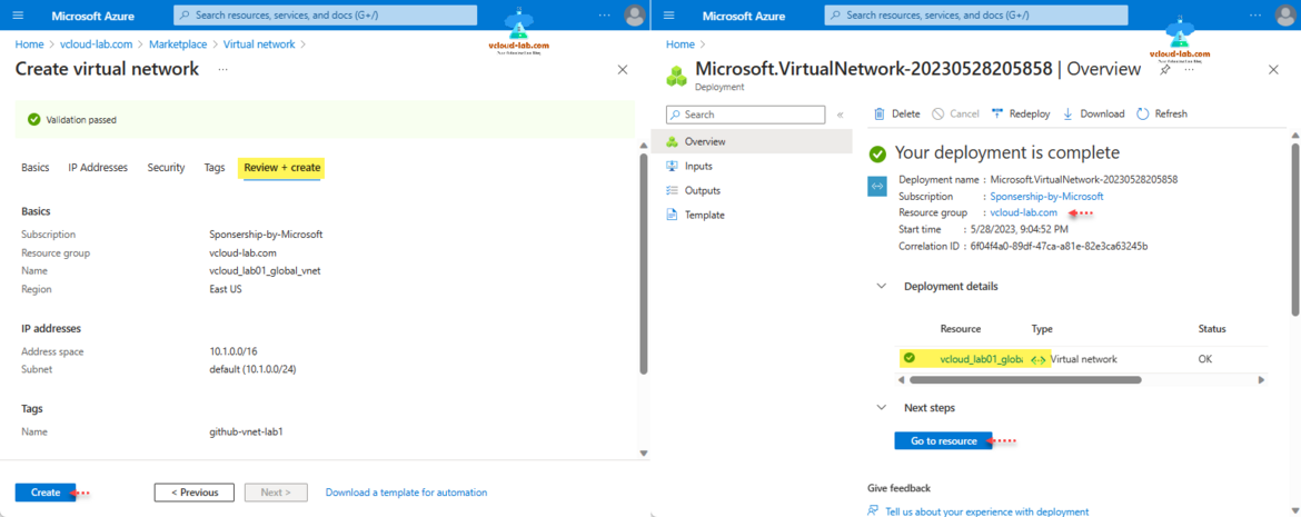 Microsoft Azure Create Virtual Network Review Create Subnet deployment complete virtual network vnet devops lab github scm cloud.png