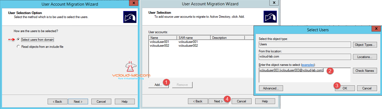 ADMT User Account Migration Wizard Select Users from domain, User selection add from dc or file, select user dsa.msc
