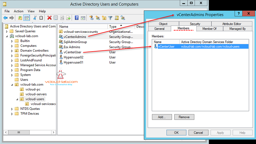 Active Directory Users and Groups vCenter Users and vcenter Admins groups