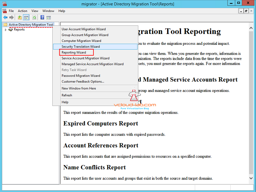 Active directory migration tool reporting wizard reports