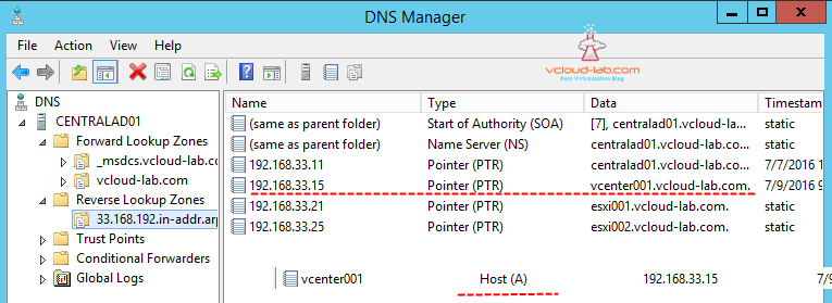 DNS Server forward a and reverse ptr records vcenter