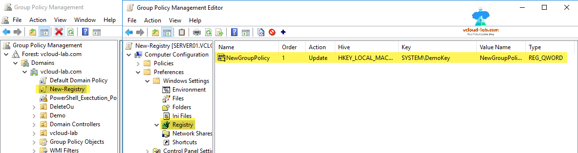 Group policy object, gpo, new registry update, create, registry key hive, value name, registry type
