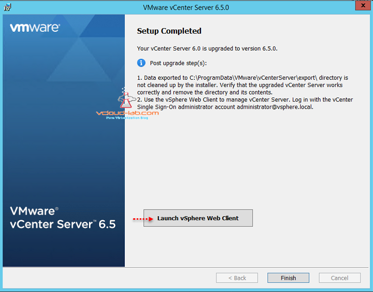 VMware vCenter Server 6.5 upgrade setup completed