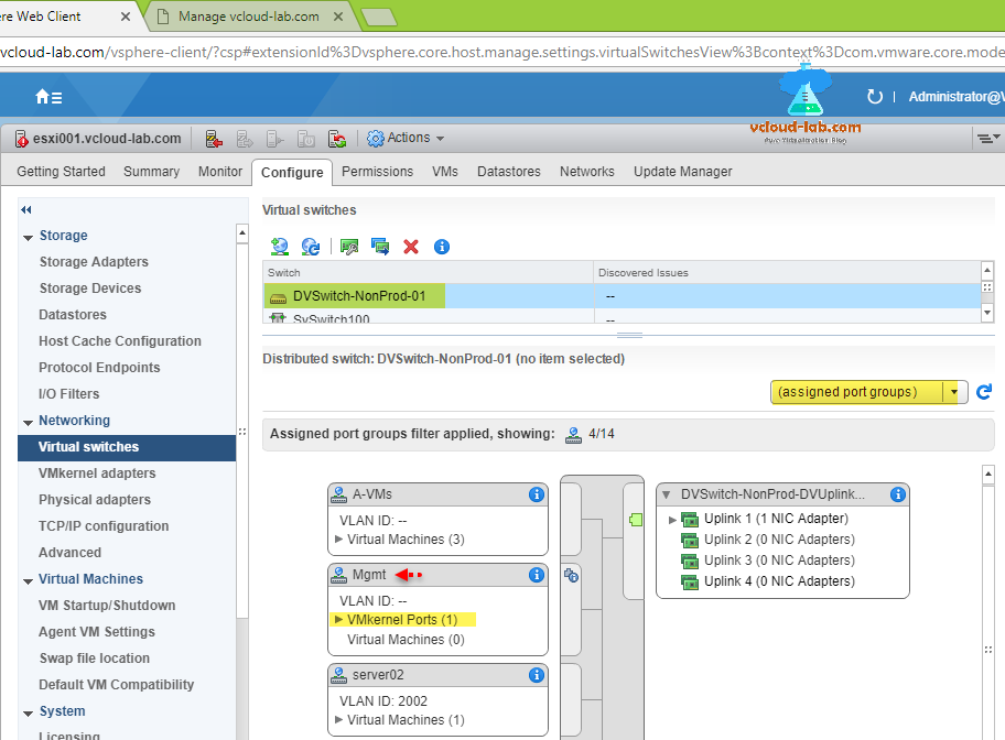 vmware vsphere web client configure esxi vcenter distributed switch migrate to virtual standard switch, assigned port groups filter applied, Migrate VMs to another network screenshots