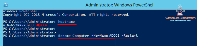 rename-computer -newname ad002 -restart and hostname