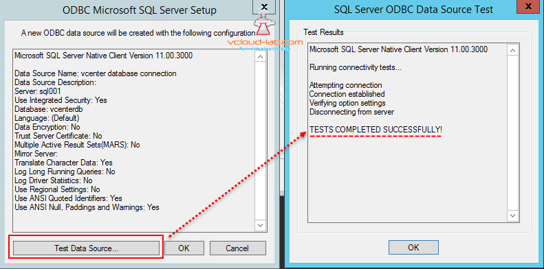 ODBC microsft sql server setup test data source successful