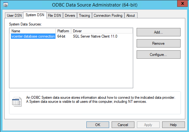 vcenter database connection odbc data source administrator system dsn