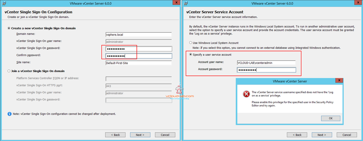 vcenter single sign-on configuration PSC and user service account