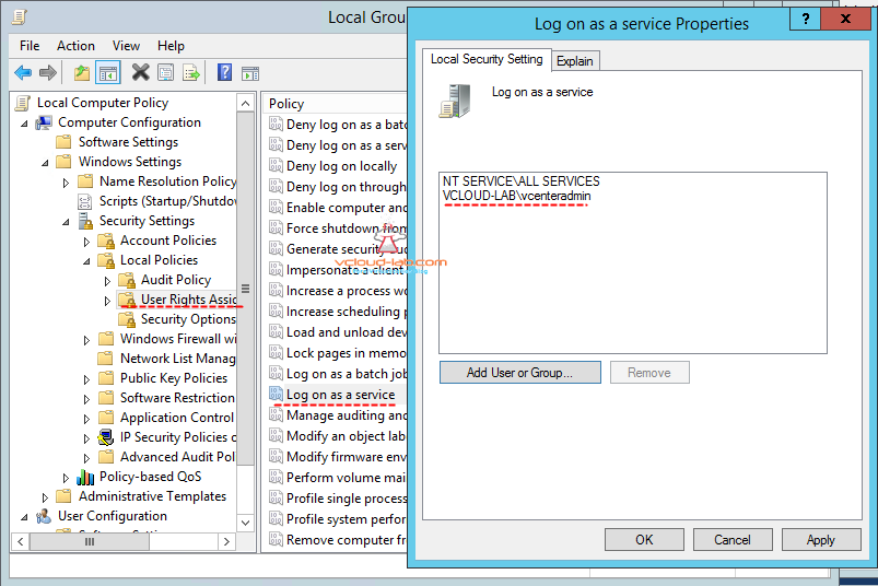 group policy user rights assignment, log on as a service