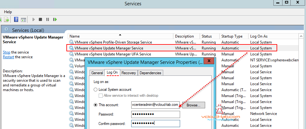 1 Click Start > Run, type services.msc, and click OK. Right-click VMware Update Manager and click Properties. Click the Log on tab. Select This account, specify the Windows account along with the appropriate password, then click OK. Right-click VMware Update Manager and click Restart. 1