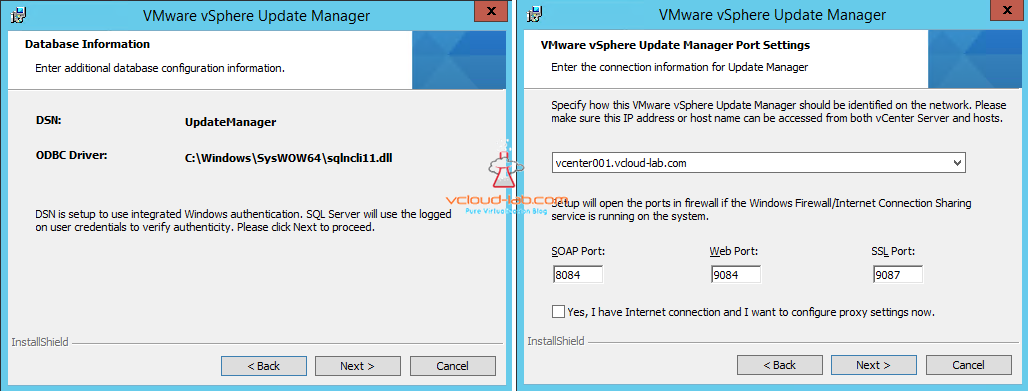 vmware vsphere update manager database information and port settings