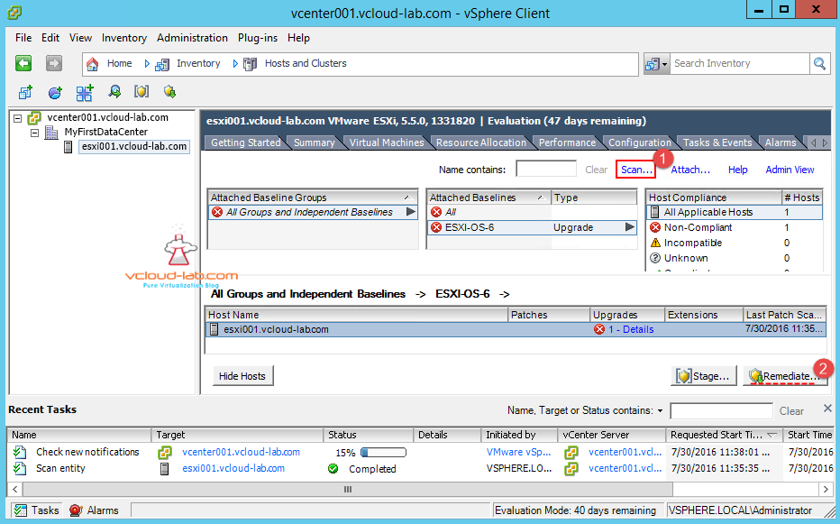 vum vmware update manager upgrade esxi server attach newly created upgrade baseline and remediate