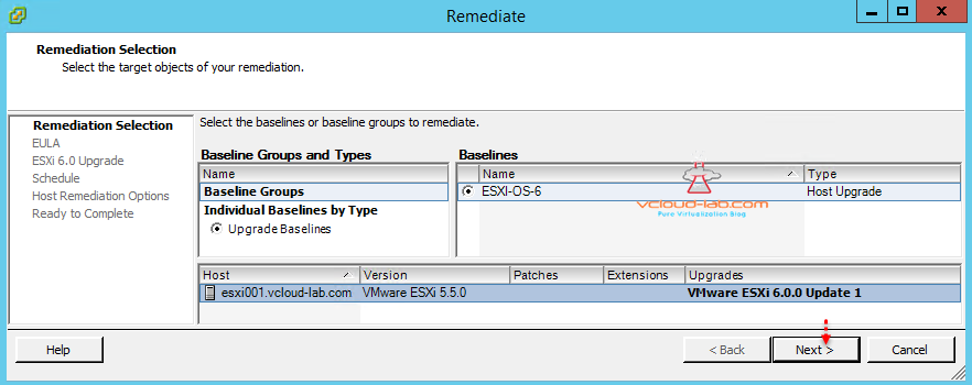 vum vmware update manager upgrade esxi server remediate select baseline
