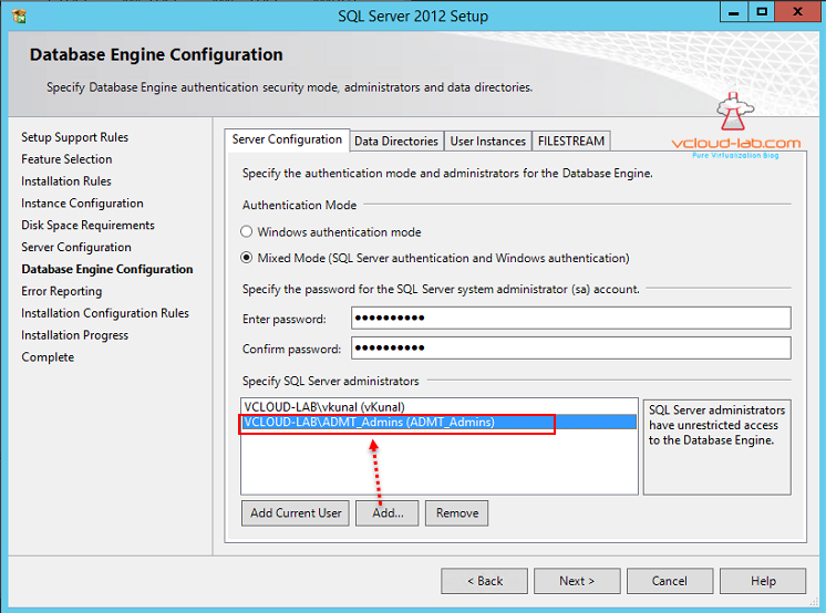 Sql Express 2012 installation add sql server administrators and mixed mode windows authetication
