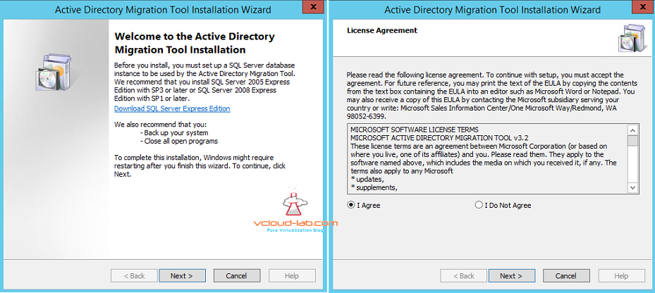 active directory migration tool installation wizard backu and EULA