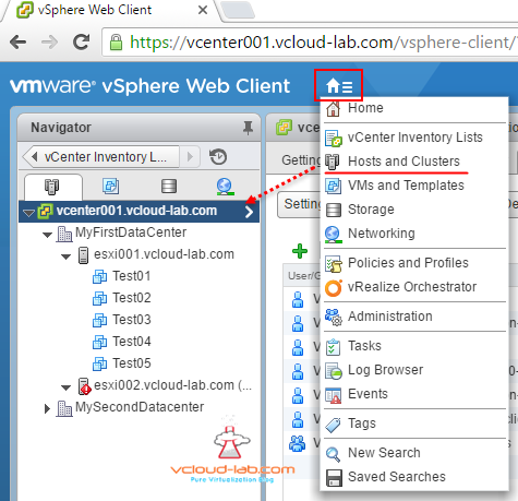 vmware vsphere web client home of vcenter, hosts and clusters