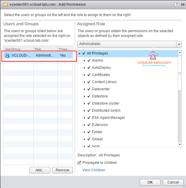 vcenter server add permissions assign roles Add permissions users and groups
