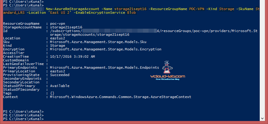 Microsoft Azure Powershell new-AzureRmStorageAccount Kind storage, enabled encryptionservice sku name