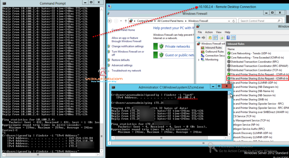 Microsoft Azure resource manager, virtual machine vm ping result, firewall enable ICMp, vpn connection gateway cmd