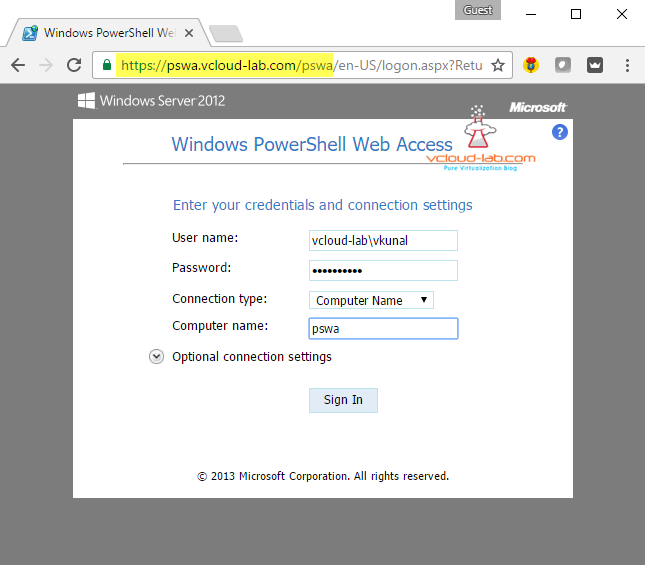 12. Pswa Microsoft windows powershell web access server gateway, powershell web console, enter credentials and connection settings