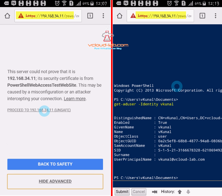 pswa powershell web access gateway server, from mobile, handset, cellphone chrome browser, execute powershell commands active directory