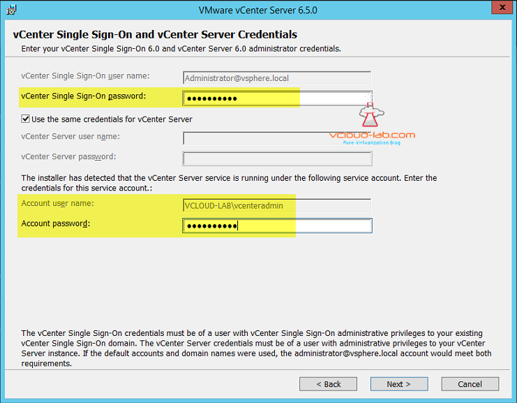 vmware vcenter server 6.5.0 upgrade errors vcenter single sign-on  and vcenter server credentials