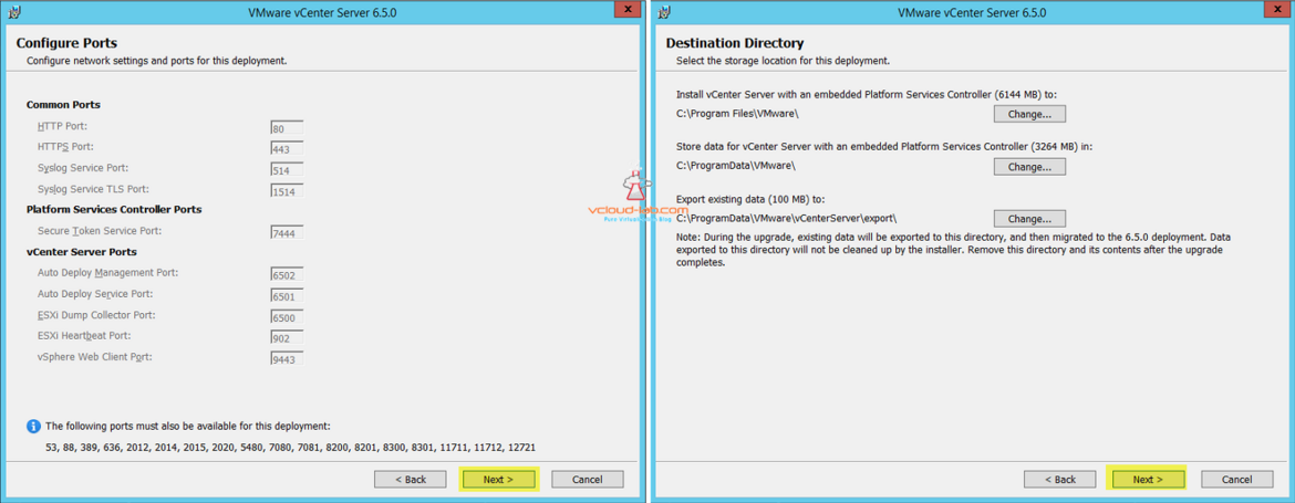 VMware vCenter Server 6.5.0 upgradation configure ports, destination Directory Installation