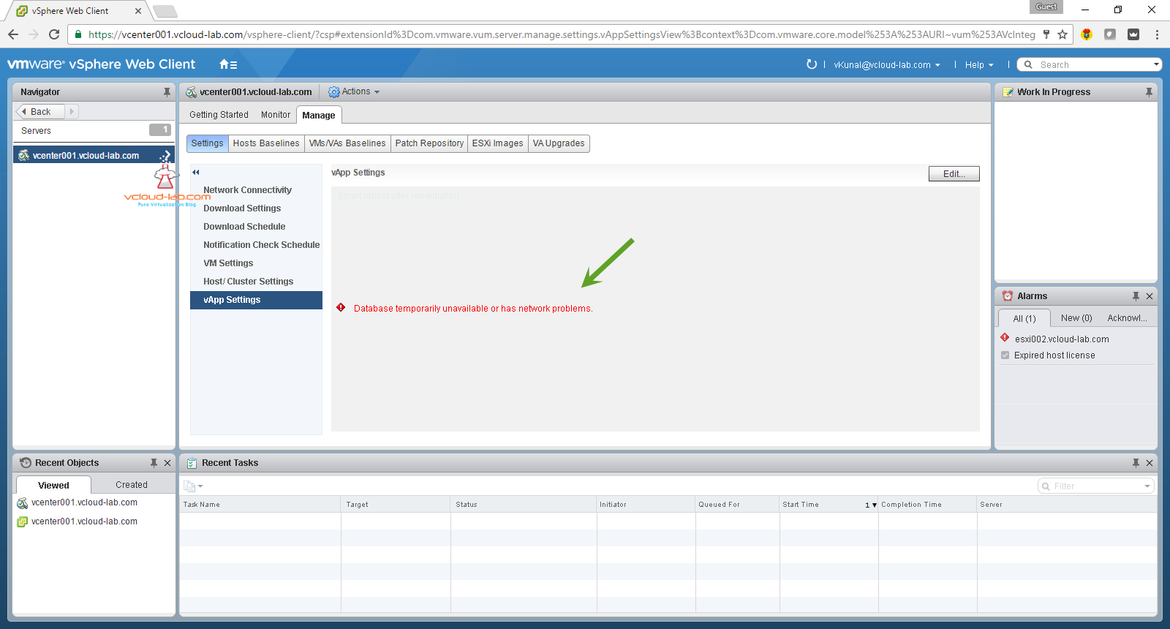 vmware vsphere update manager VUM 6.5 error, database temporarily unavailable or has network problems