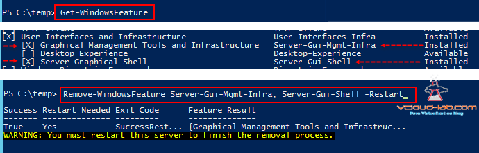 Micrsoft Windows server 2012 r2, windows server 2016, Server Manager, remove roles and features, Get-WindowsFeature, Remove-Windowsfeature Server-gui-mgmt-infra, server-gui-shell
