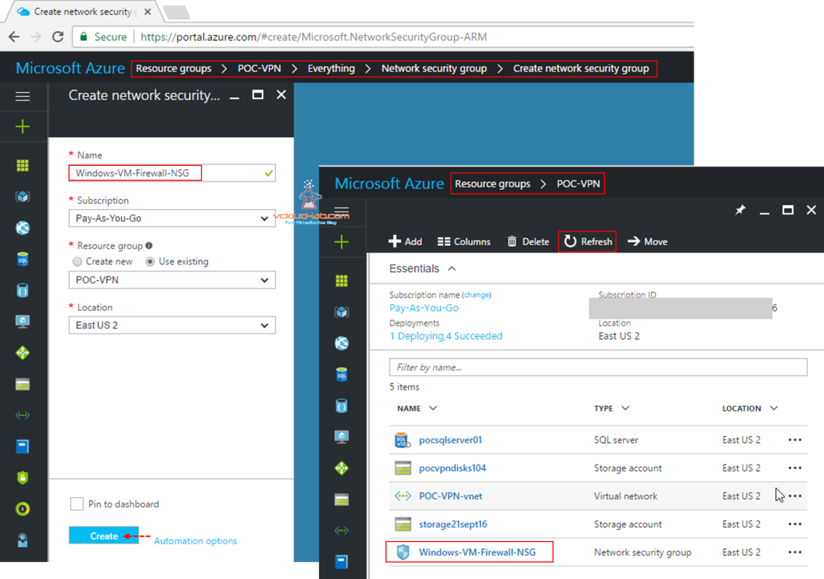 Microsoft Azure newly created refresh resource Group NSG Network Security Group