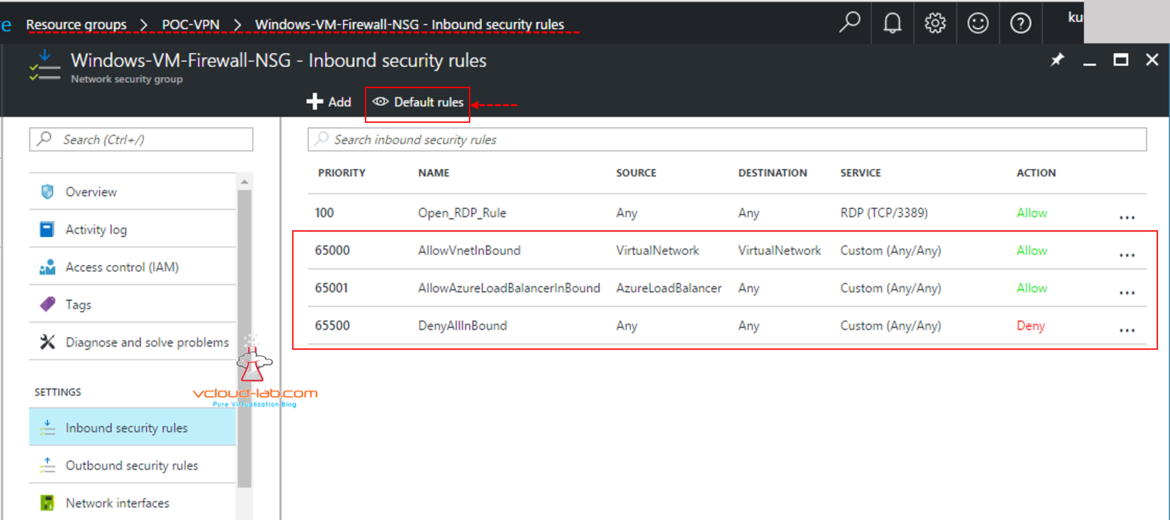 Microsoft windows Azure nsg, network security group, inbound and outbound default security rules cannot be modified