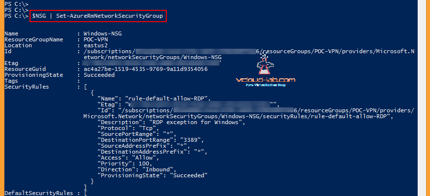 Microsoft Azure powershell create NSG, Network Security Group, Add-AzurermnetworkSecurityRuleConfig, NSG inbound outbound rules, tcp udp allow deny set-azurermnetworksecuritygroup commit changes 