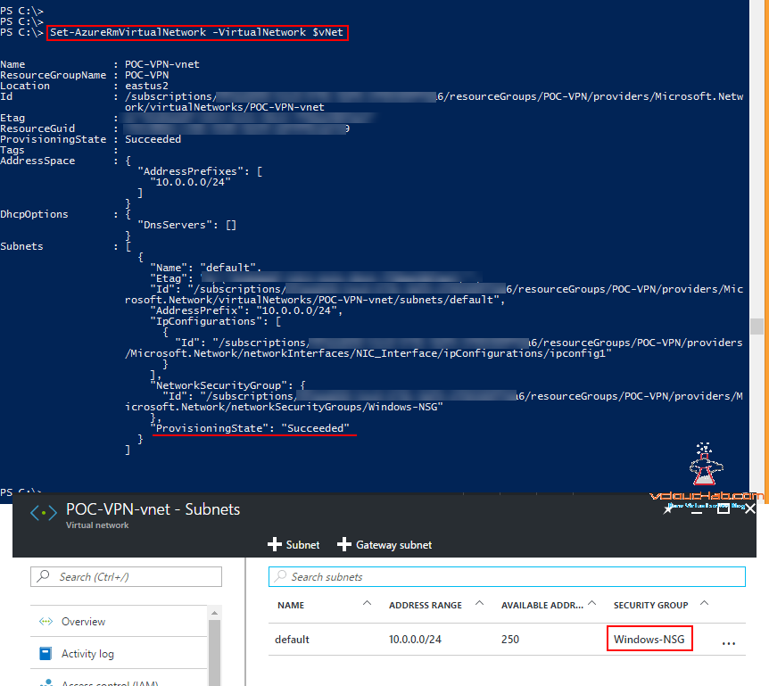 Associating NSG network security group to a Virtual Network vNet subnet microsoft azure powershell get-azurermvirtualnetwork, set-azurermvirtualnetworksubnetconfig , Set-AzureRmVirtualNetwork -virtualNetwork.png