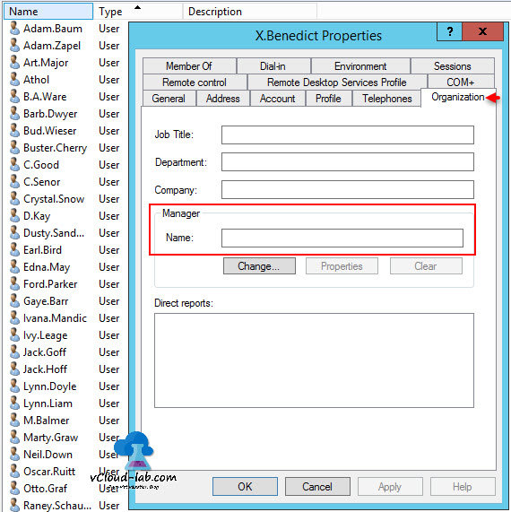 Active directory users and computers ad user properties organization add change or update manager name