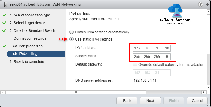 VMWare vSphere vCenter Esxi Server add networking configuration VMKERNEL IPv4 Setting, Default gateway override, tcp ip stack, dns server addresses, static and dynamic ip