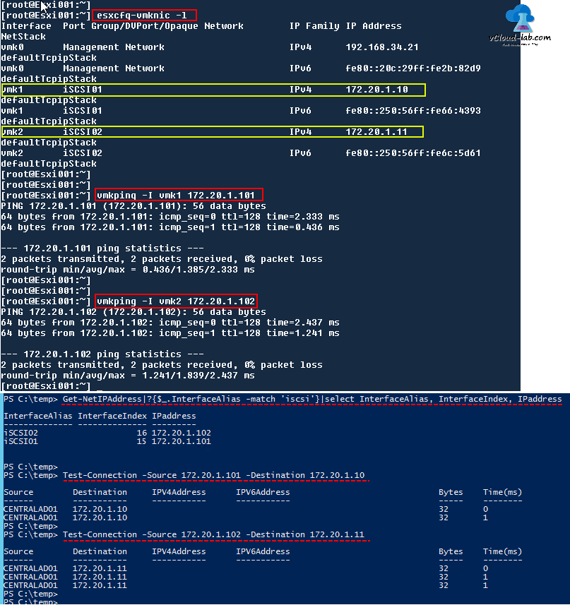 check connective between esxi and storage, Vmware vSphere esxi iscsi connection session vmkping, esxcfg-vmknic -l, ping get-netIPAddress, test-connection source destination, alternative ping successful