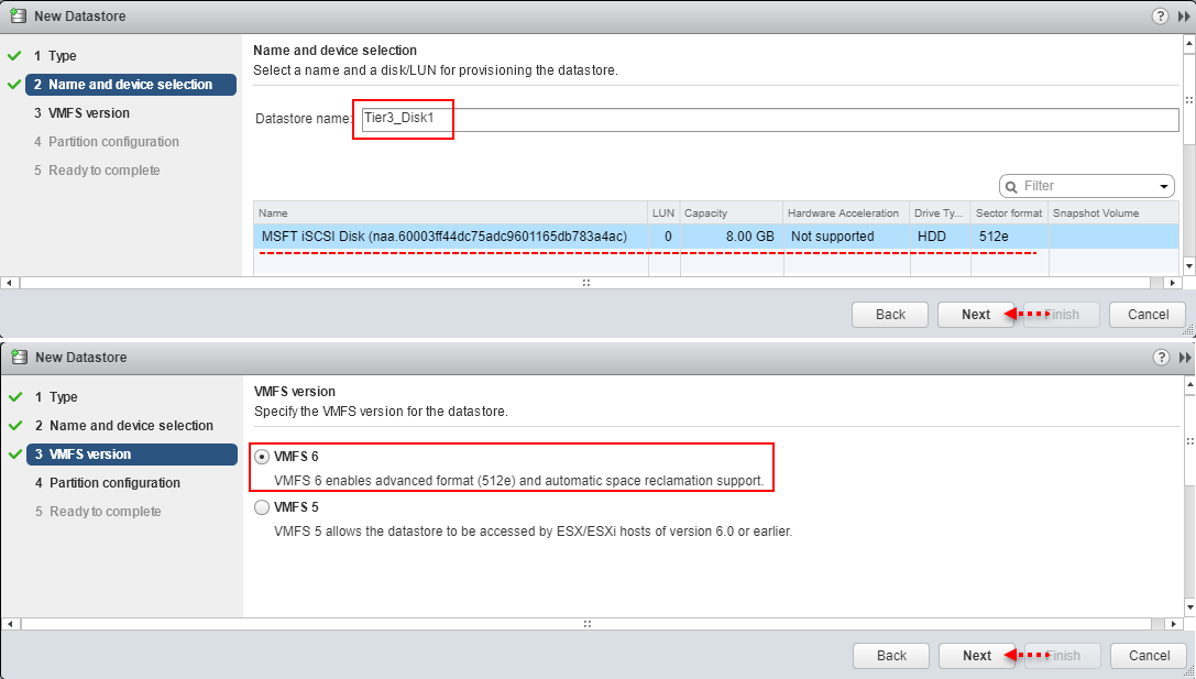 vmware vsphere esxi create a new VMFS datastore, Name and device selection, LUN disk, datastore name and device selection , sector format 512e, hardware acceleration, vmfs 6 version automatic space reclaimation support 