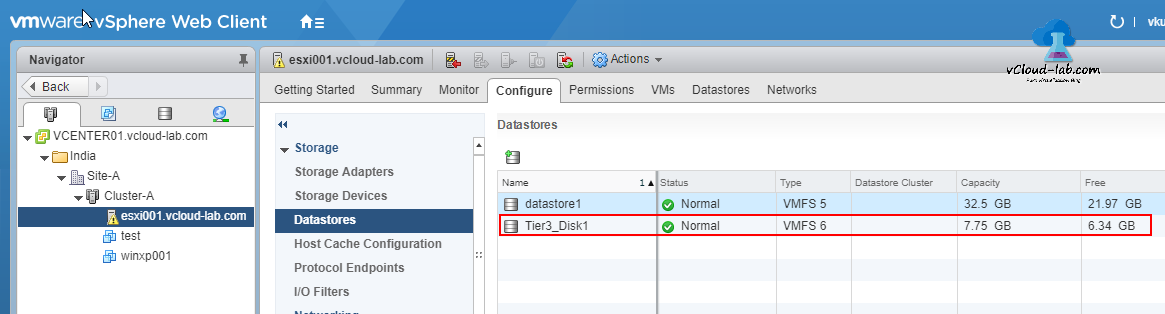 Datastores in esxi after adding as VMFS 6, datastore version, datastore cluster, capacity, free, status normal