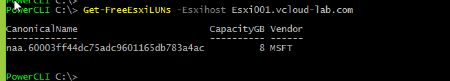 vmware vsphere powercli connect-viserver get-freeEsxiLUNs, shows or find free esxi lun remote storage disk