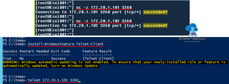 Install-windowsFeature telnet-client, esxi telnet 3260 iscsi, nc, netcat putty esxi ssh