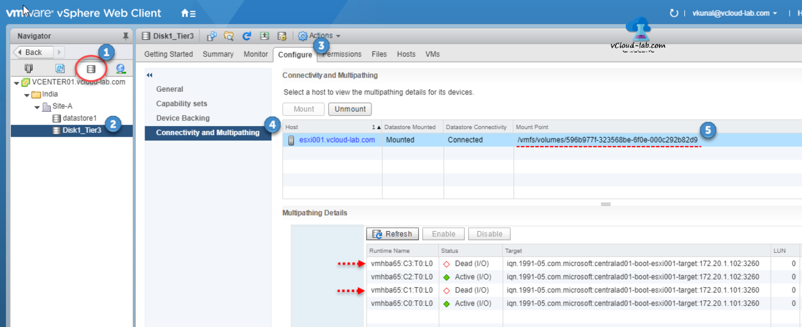 VMware vsphere web client esxi vcenter datastore view storage, configure, connectivity and multipathing mounted NAA vmfs volumes, dead active target lun status.png