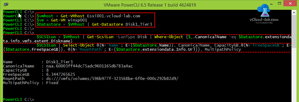 vmware vcenter vsphere powercli get-vmhost, get-vm, Get-datastore, Get-scsilun multipathPolicy, CanonicalName, extent, extensiondata, freespacegb, capacityGB datastore storage, vmfs example